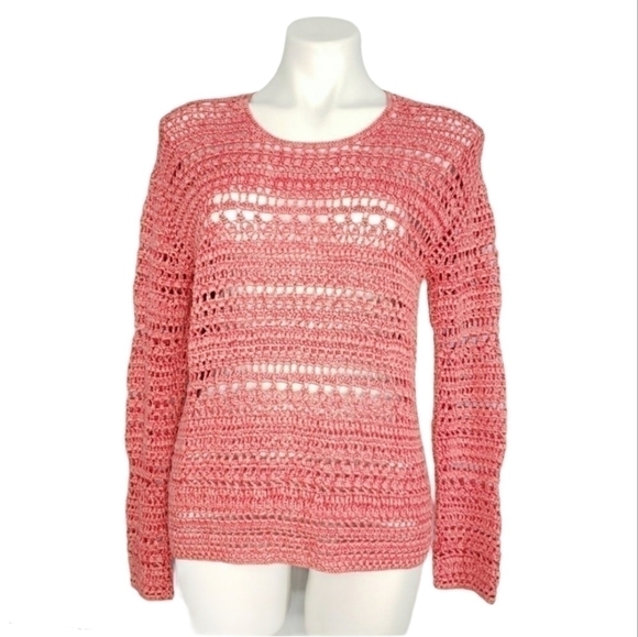 Theory Coral Red Open Knit Crochet Top - Picture 1 of 4